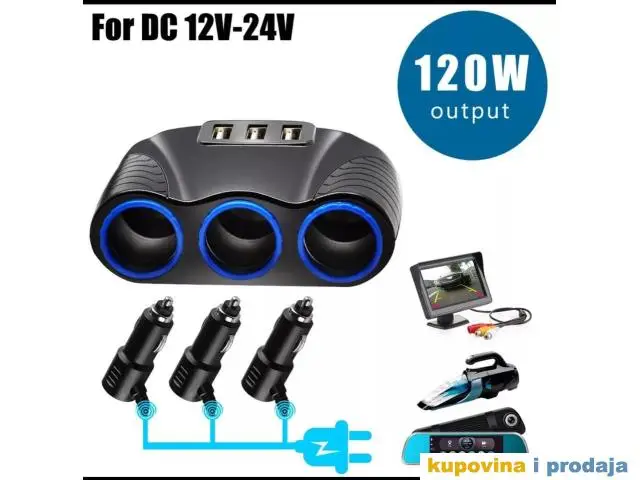 3.1A USB Auto Upaljac / Punjač, 12V-24V, 120W 3 izlaza - 1